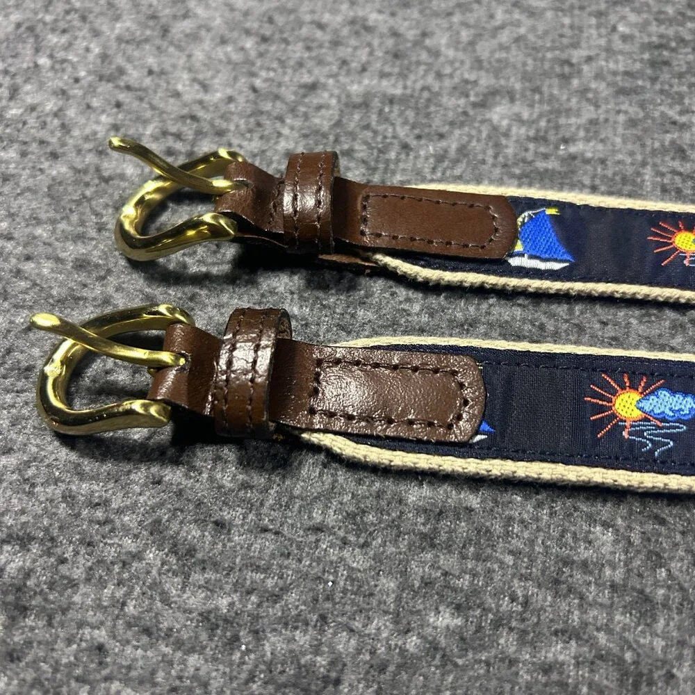 Vintage Kids Sailboat Belt Canvas Embroidered Navy Blue Brass Buckle XS Lot of 2